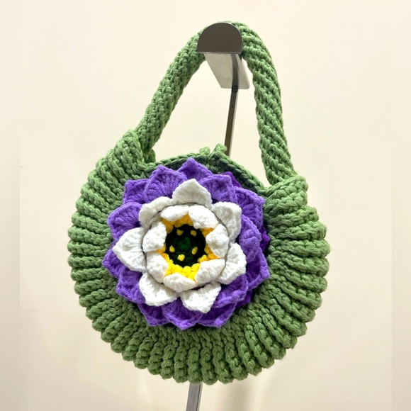 Handcrafted Green Floral Knit Bag - Picture 1 of 11